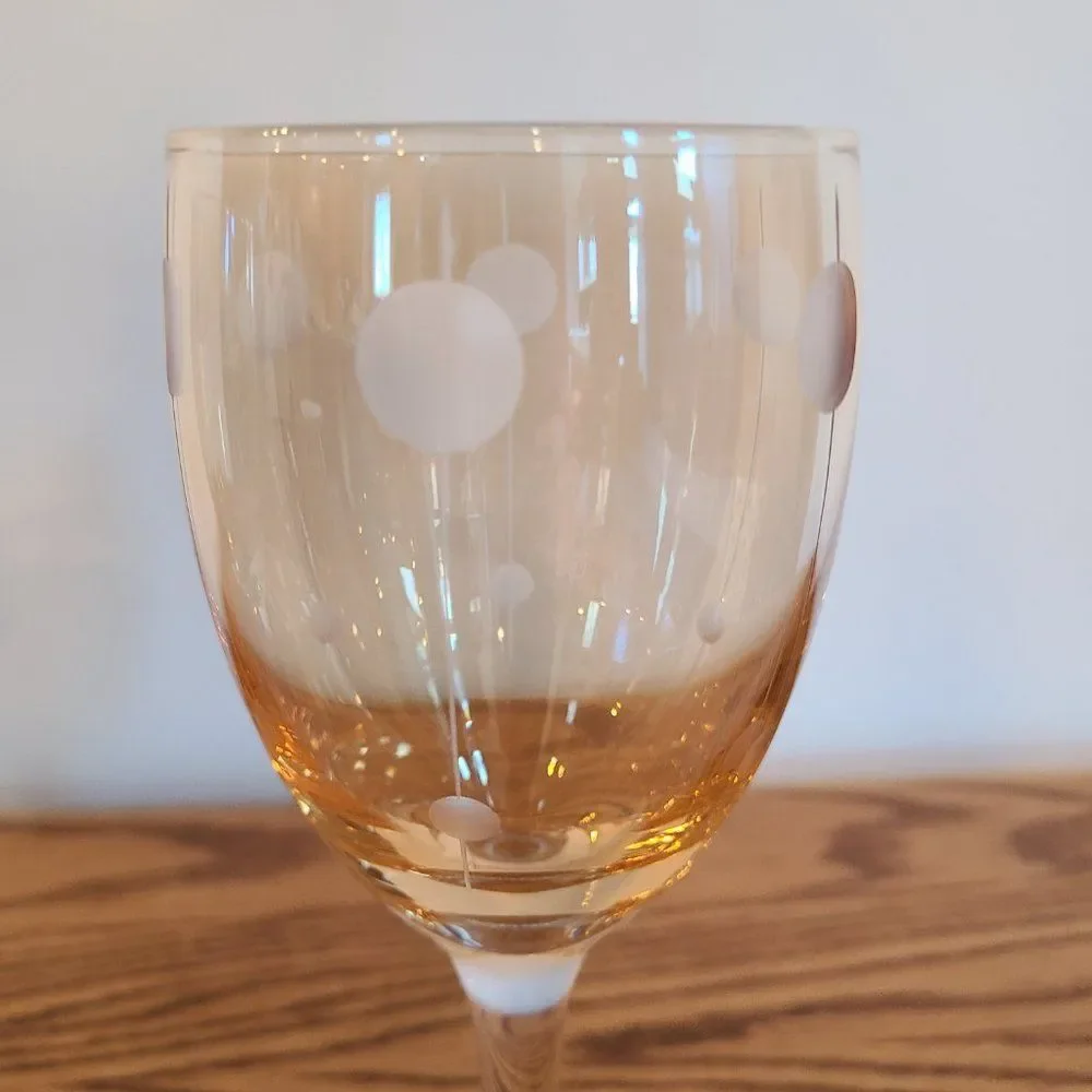 Vintage Golden Amber Light Yellow Iridescent Wine Glasses With Etching Set of 2